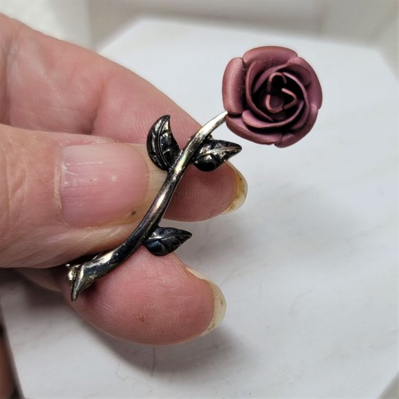 Delicate Sterling Silver Red Rose Pin Brooch Marked 925 Vintage - Picture 4 of 7